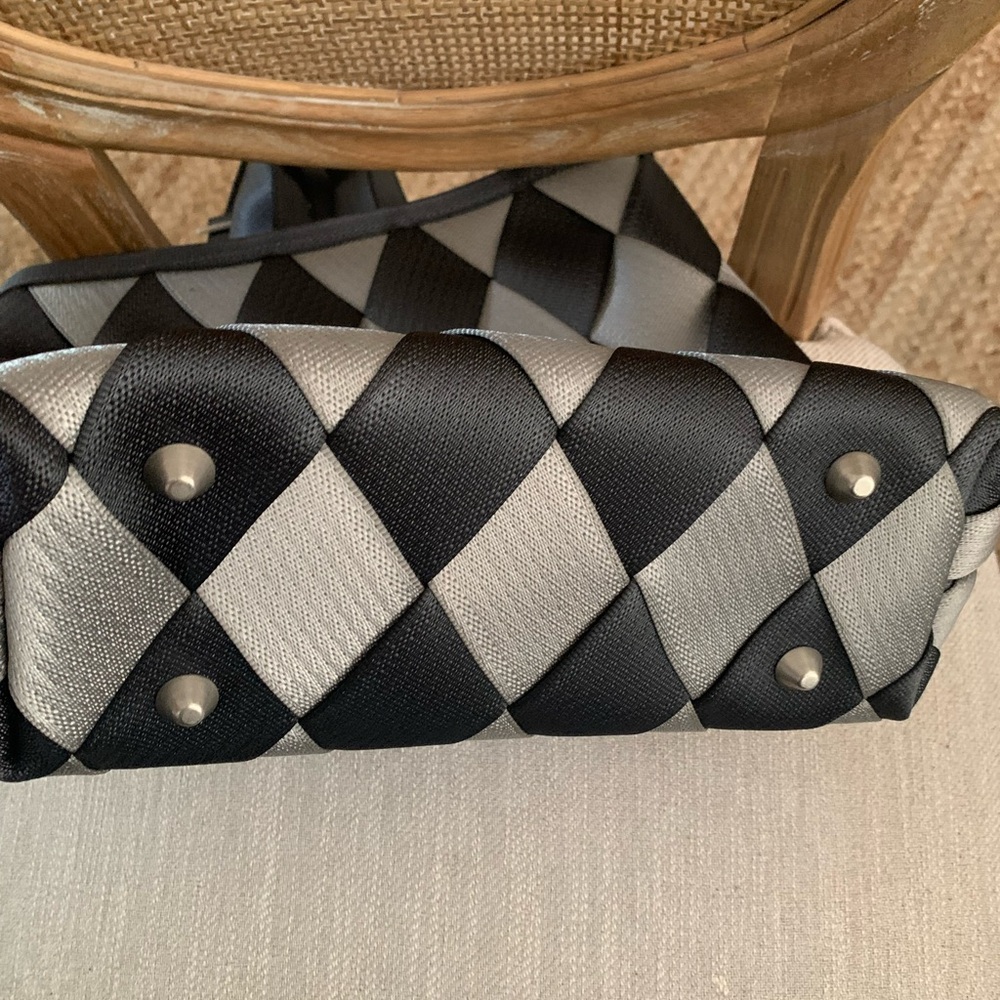 NWOT Black and Gray Maggie Bags Woven Seatbelt Backpack bag black
and grey check - Picture 4 of 10